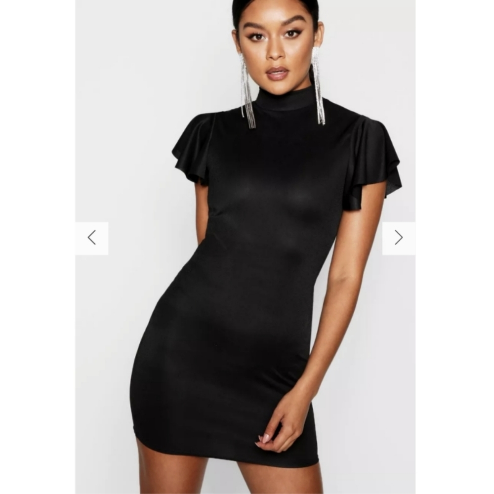 NWT Boohoo High Neck Frill Sleeve Bodycon Mini Dress Black - 4/6
